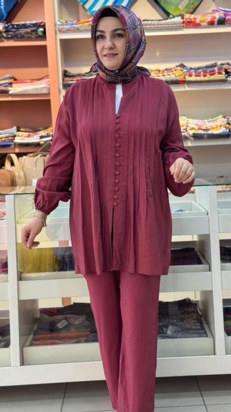 Pile Ve Düğme Detaylı Takım Marsala/71281