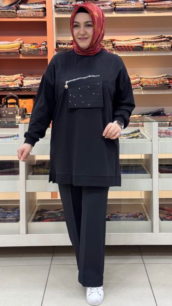 Pul Detaylı Fermuar Görünümlü Tunik Siyah/10768