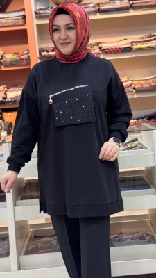 Pul Detaylı Fermuar Görünümlü Tunik Siyah/10768 - Thumbnail