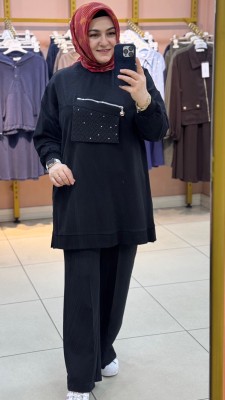 Pul Detaylı Fermuar Görünümlü Tunik Siyah/10768 - Thumbnail