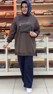 Pul Detaylı Fermuar Görünümlü Tunik Acı Kahve/10768 - Thumbnail