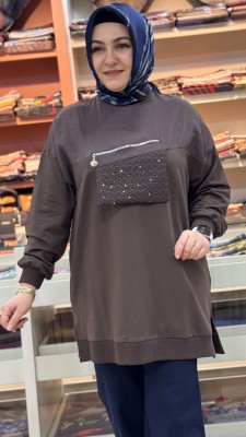 Pul Detaylı Fermuar Görünümlü Tunik Acı Kahve/10768 - Thumbnail