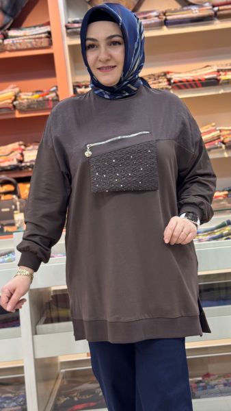 Pul Detaylı Fermuar Görünümlü Tunik Acı Kahve/10768