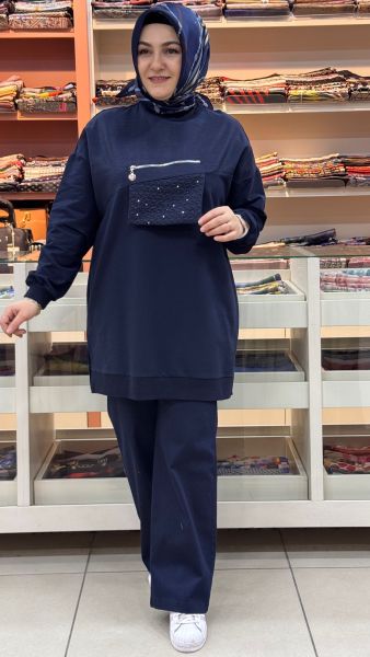 Pul Detaylı Fermuar Görünümlü Tunik Lacivert/10768
