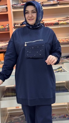 Pul Detaylı Fermuar Görünümlü Tunik Lacivert/10768 - Thumbnail