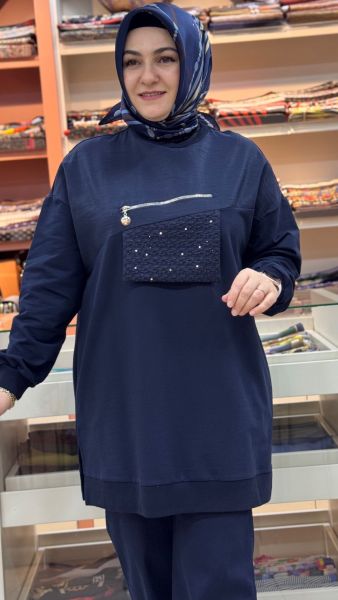 Pul Detaylı Fermuar Görünümlü Tunik Lacivert/10768