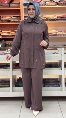 Haya - Pul Detaylı Pantolonlu Takım Kahverengi/1740 