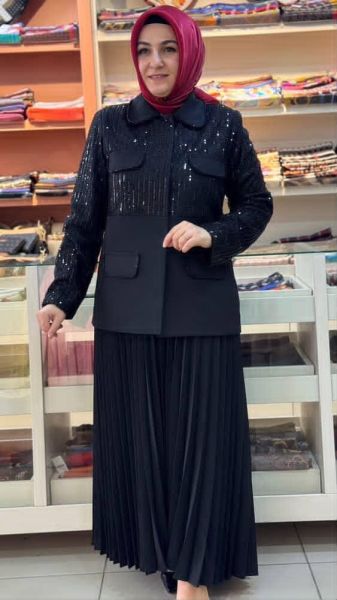 Pul Ve Boncuk İşlemeli Etekli Takım Siyah/20280