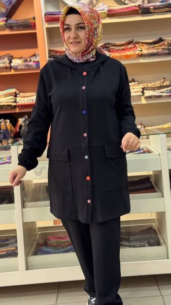 Renkli Düğmeli Takım Siyah/3749