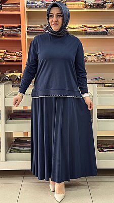 Ribanası Şerit Detaylı Etekli Takım Lacivert/14021 - Thumbnail