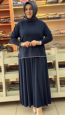 Ribanası Şerit Detaylı Etekli Takım Lacivert/14021 - Thumbnail