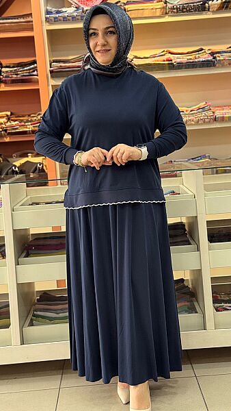 Ribanası Şerit Detaylı Etekli Takım Lacivert/14021