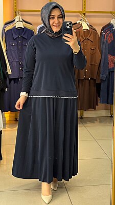 Ribanası Şerit Detaylı Etekli Takım Lacivert/14021 - Thumbnail