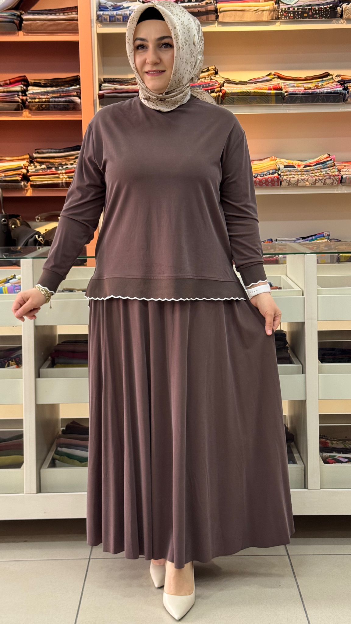 Ahi - Ribanası Şerit Detaylı Etekli Takım Kahve/14021