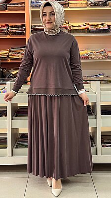 Ribanası Şerit Detaylı Etekli Takım Kahve/14021 - Thumbnail