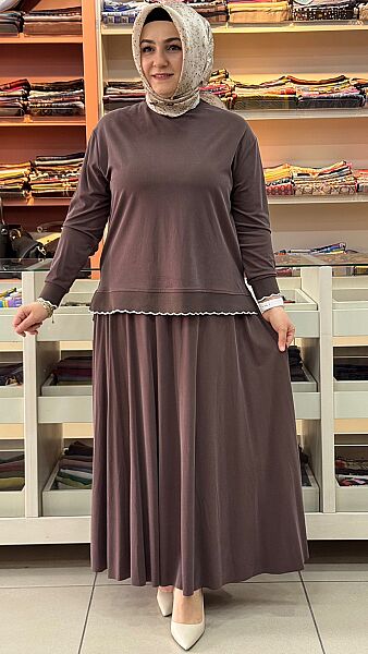 Ribanası Şerit Detaylı Etekli Takım Kahve/14021