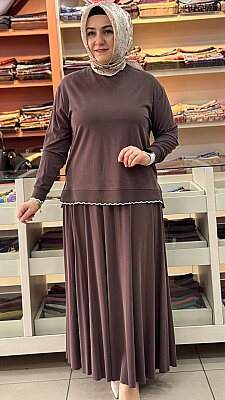 Ribanası Şerit Detaylı Etekli Takım Kahve/14021 - Thumbnail