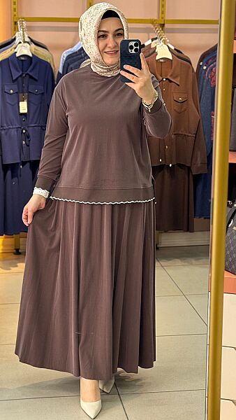 Ribanası Şerit Detaylı Etekli Takım Kahve/14021