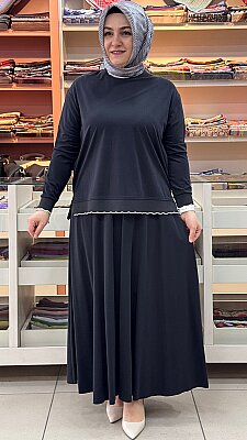 Ribanası Şerit Detaylı Etekli Takım Siyah/14021 - Thumbnail