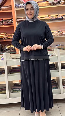 Ribanası Şerit Detaylı Etekli Takım Siyah/14021 - Thumbnail