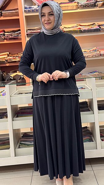 Ribanası Şerit Detaylı Etekli Takım Siyah/14021