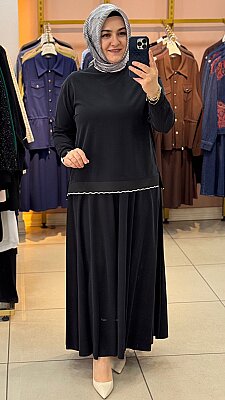 Ribanası Şerit Detaylı Etekli Takım Siyah/14021 - Thumbnail