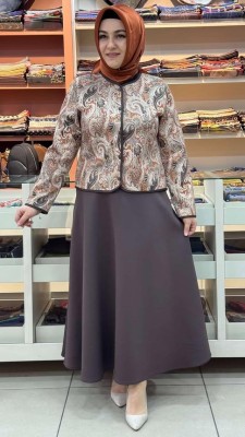 inza moda - Şal Desen Etekli Takım Kahve/1148