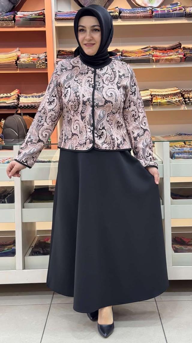 inza moda - Şal Desen Etekli Takım Siyah/1148