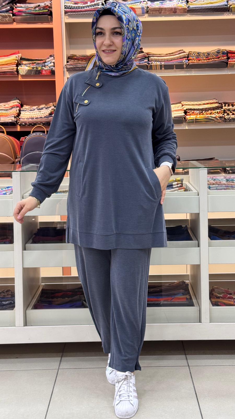 Puane - Şalvar Pantolonlu Düğme Detaylı Takım Antrasit/14406