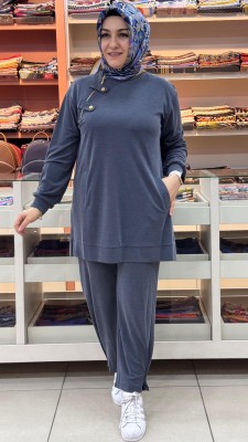 Puane - Şalvar Pantolonlu Düğme Detaylı Takım Antrasit/14406