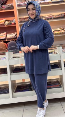 Şalvar Pantolonlu Düğme Detaylı Takım İndigo/14406 - Thumbnail