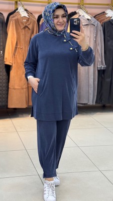 Şalvar Pantolonlu Düğme Detaylı Takım İndigo/14406 - Thumbnail