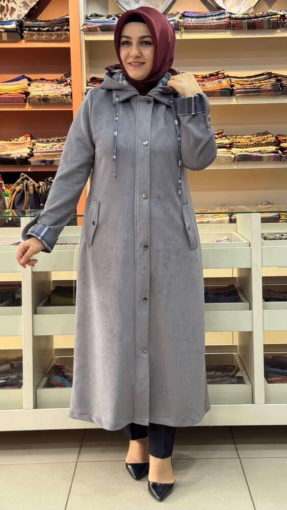 inza moda - Şapkası Ve Kolları Ekose Detaylı Süet Kap Gri/6131