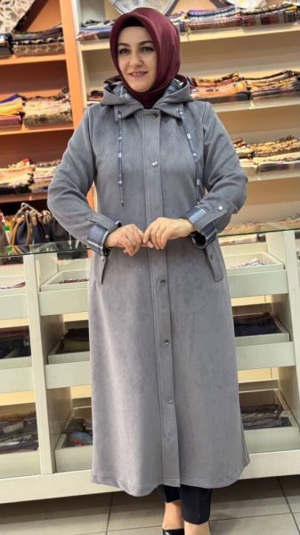 Şapkası Ve Kolları Ekose Detaylı Süet Kap Gri/6131