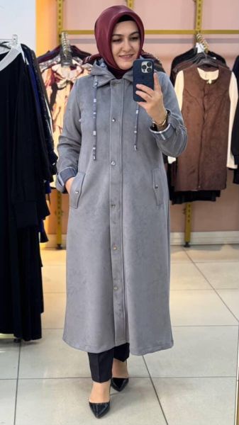 Şapkası Ve Kolları Ekose Detaylı Süet Kap Gri/6131