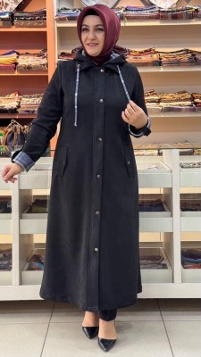 inza moda - Şapkası Ve Kolları Ekose Detaylı Süet Kap Siyah/6131