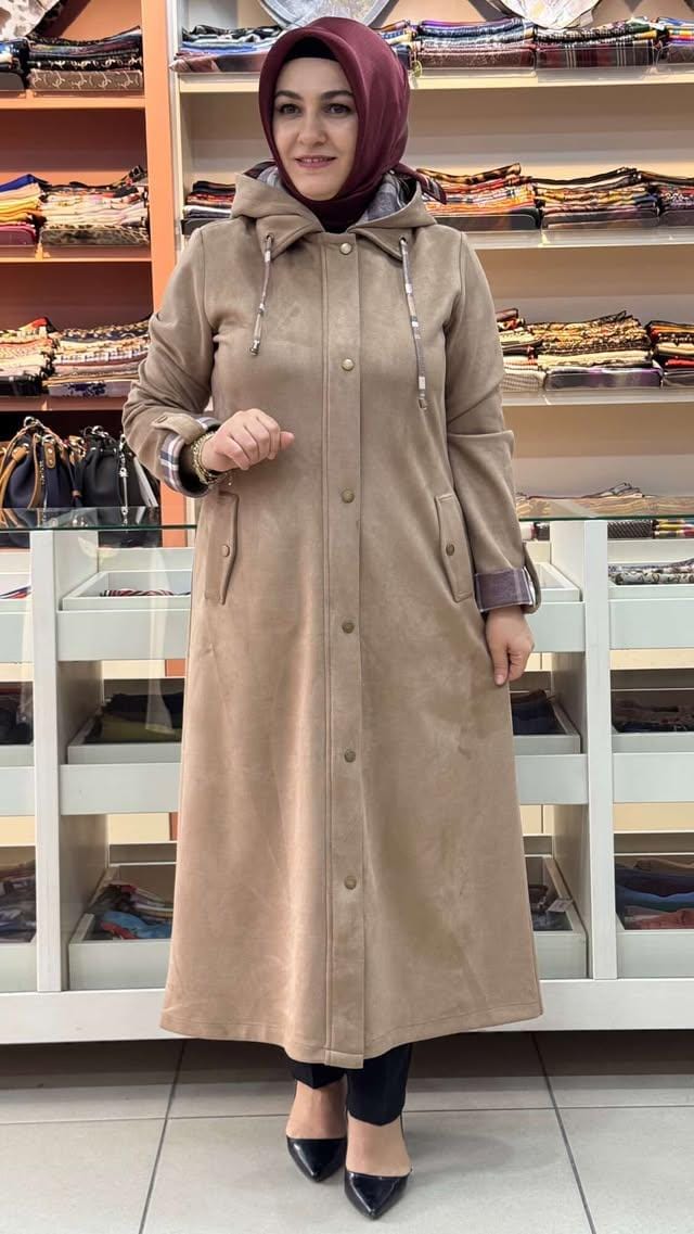 inza moda - Şapkası Ve Kolları Ekose Detaylı Süet Kap Taba/6131