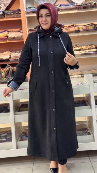 Şapkası Ve Kolları Ekose Detaylı Süet Kap Siyah/6131