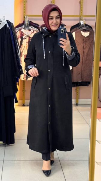 Şapkası Ve Kolları Ekose Detaylı Süet Kap Siyah/6131