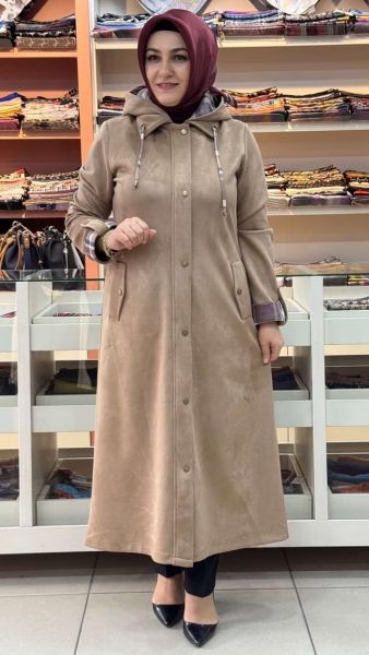 Şapkası Ve Kolları Ekose Detaylı Süet Kap Taba/6131