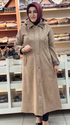 Şapkası Ve Kolları Ekose Detaylı Süet Kap Taba/6131 - Thumbnail