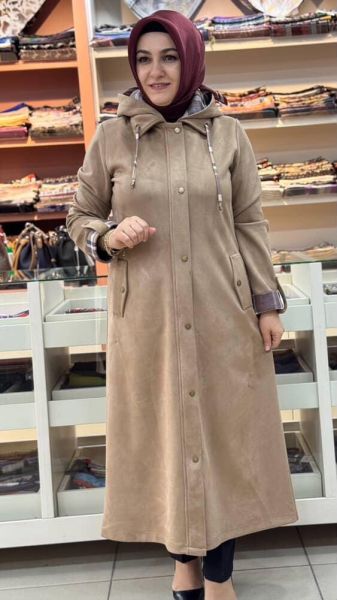 Şapkası Ve Kolları Ekose Detaylı Süet Kap Taba/6131