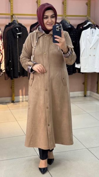 Şapkası Ve Kolları Ekose Detaylı Süet Kap Taba/6131