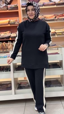 Şerit Detaylı Basic Takım Siyah/12761 - Thumbnail