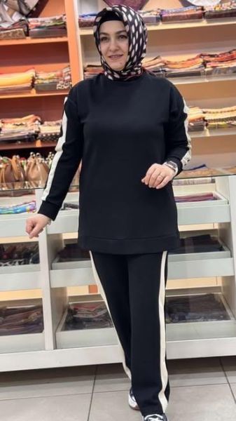 Şerit Detaylı Basic Takım Siyah/12761