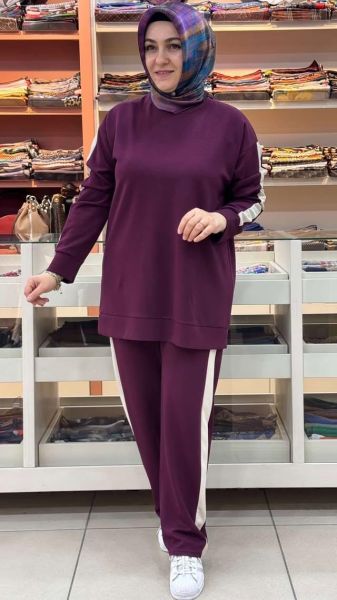 Şerit Detaylı Basic Takım Bordo/12761