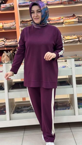 Şerit Detaylı Basic Takım Bordo/12761