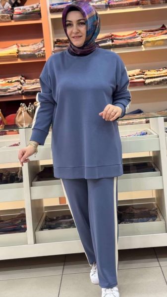 Şerit Detaylı Basic Takım Mavi/12761