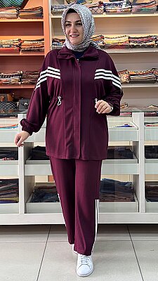 GÜNER - Şerit Detaylı Fermuarlı Takım Bordo/6228 