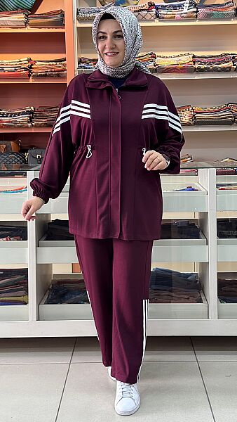 Şerit Detaylı Fermuarlı Takım Bordo/6228 